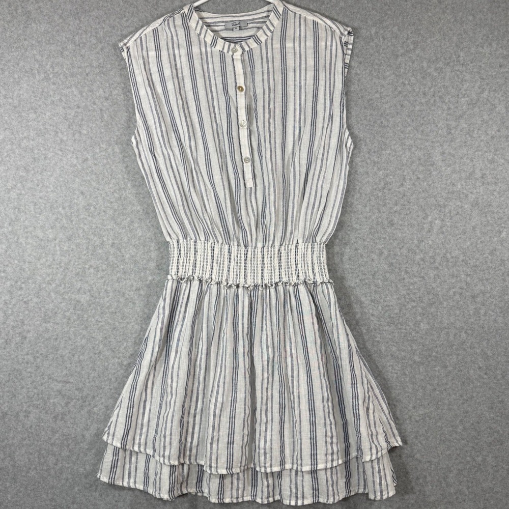 Rails Striped Linen‎ Blend Dress Womens Medium Blue White Smocked Tiered